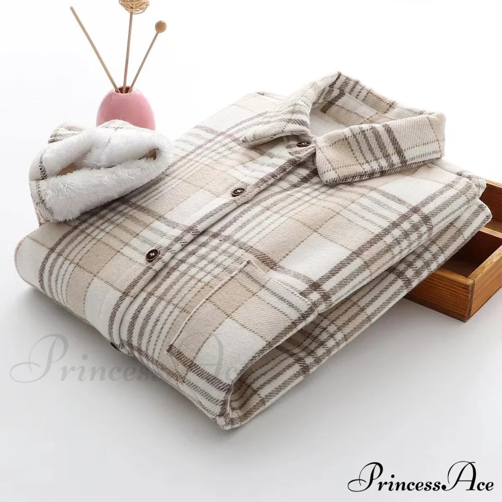 Thick Velvet Plaid Shirts Jacket White / S