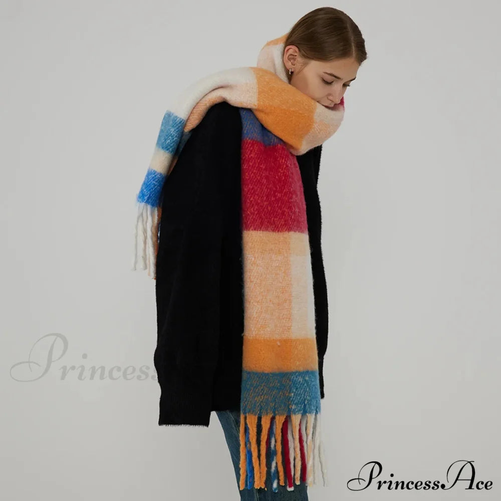 Thick Warm Tassel Contrast Color Scarf For Autumn/Winter Scarfs-L