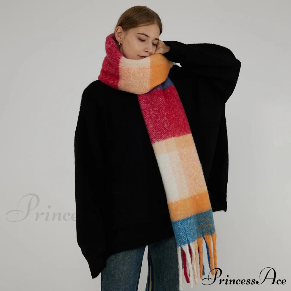 Thick Warm Tassel Contrast Color Scarf For Autumn/Winter Scarfs-L