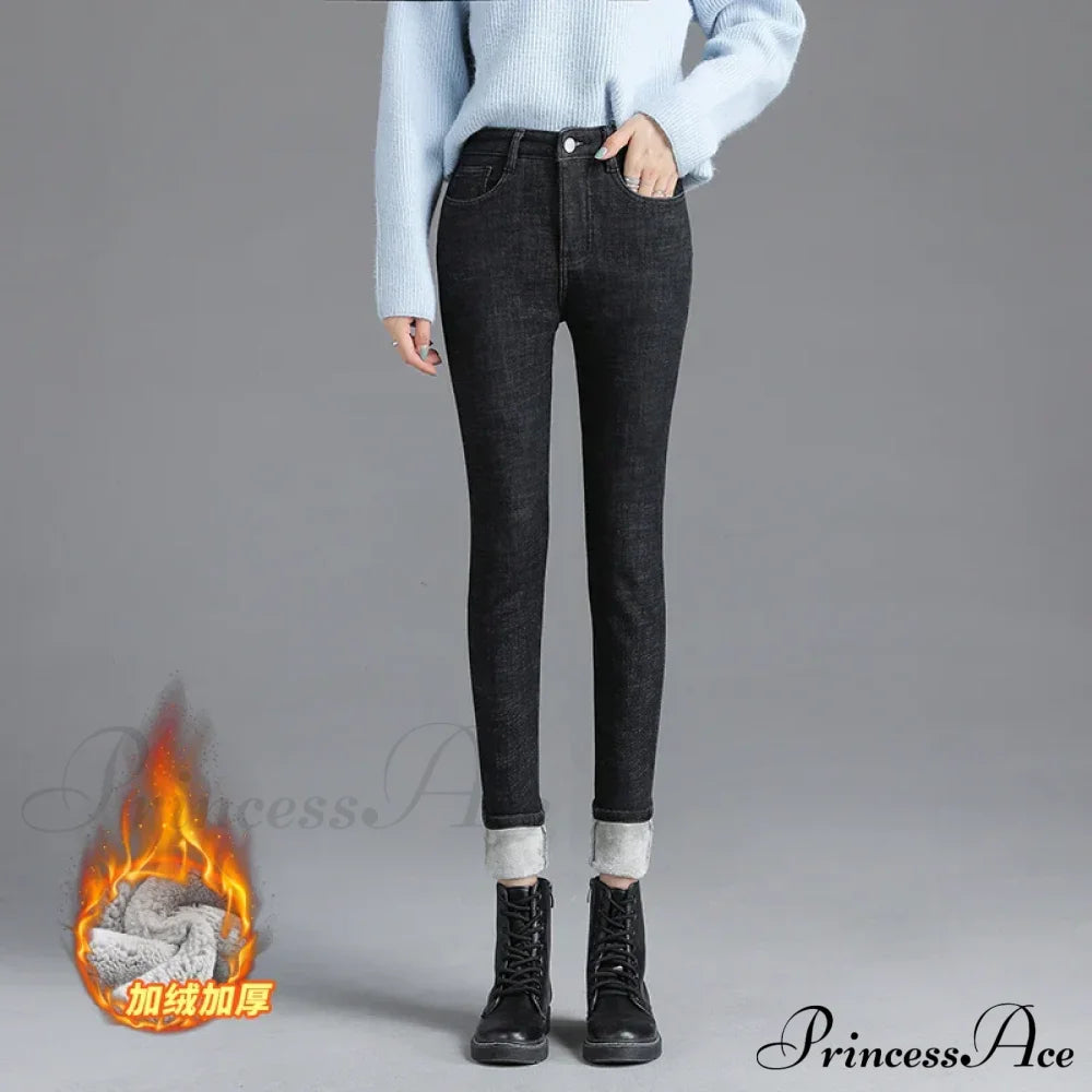 Thickened High Waist Warm Casual Slim Stretch Denim Plus Velvet Jean Black / 25