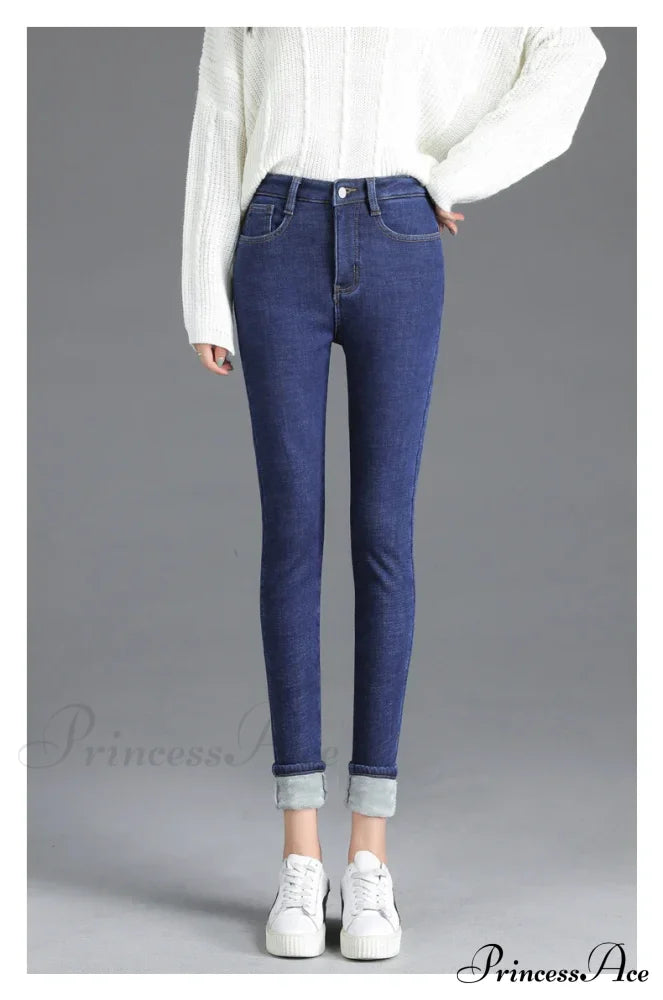 Thickened High Waist Warm Casual Slim Stretch Denim Plus Velvet Jean Blue / 25