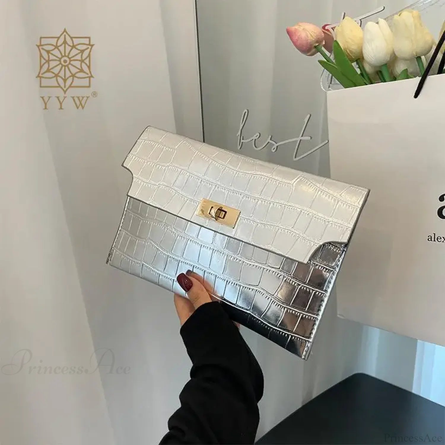 Thin Envelope Crocodile Pattern Wristlet silver wristlet-250126