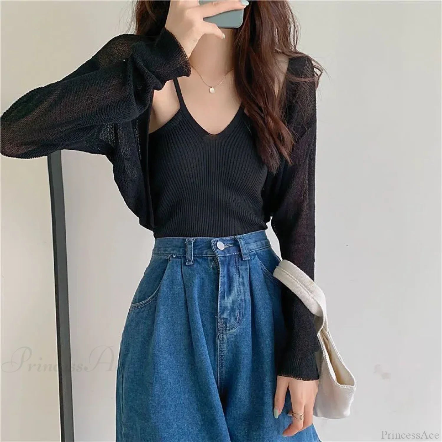 Thin Long Sleeve Sunscreen Cropped Solid Knit Cardigan Black / One Size 35-60kg cardiagn-250126