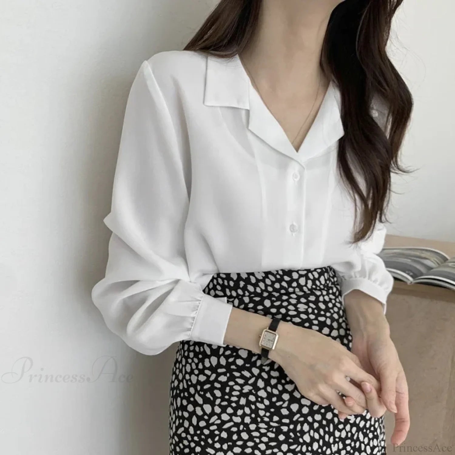 Thin Solid Color Long Sleeve Turn Down Collar Blouse blouse-250126