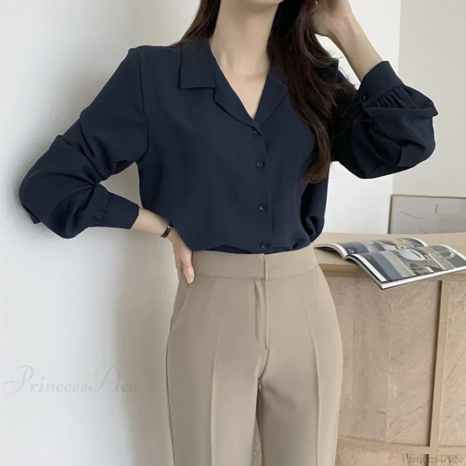 Thin Solid Color Long Sleeve Turn Down Collar Blouse blouse-250126
