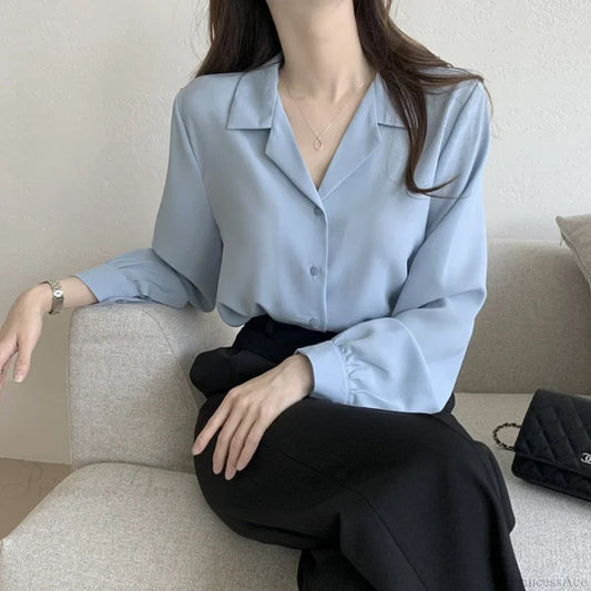 Thin Solid Color Long Sleeve Turn Down Collar Blouse blouse-250126