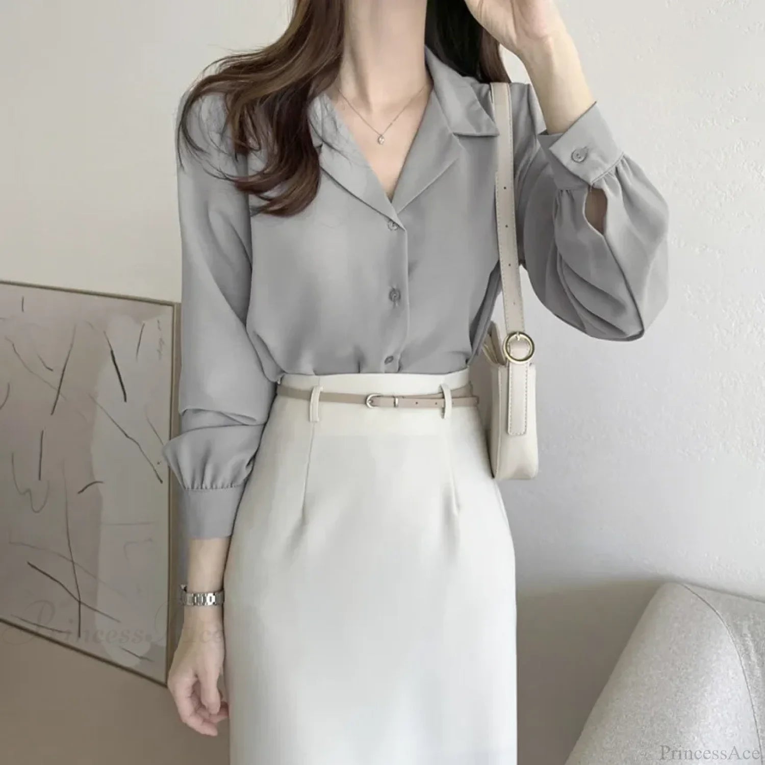 Thin Solid Color Long Sleeve Turn Down Collar Blouse Gray / One Size blouse-250126
