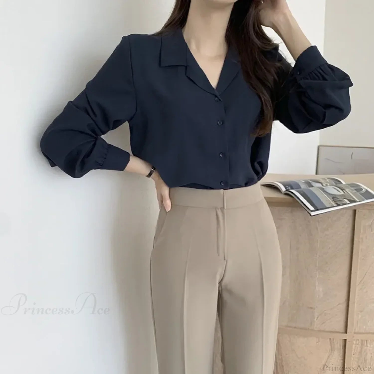 Thin Solid Color Long Sleeve Turn Down Collar Blouse Navy Blue / One Size blouse-250126