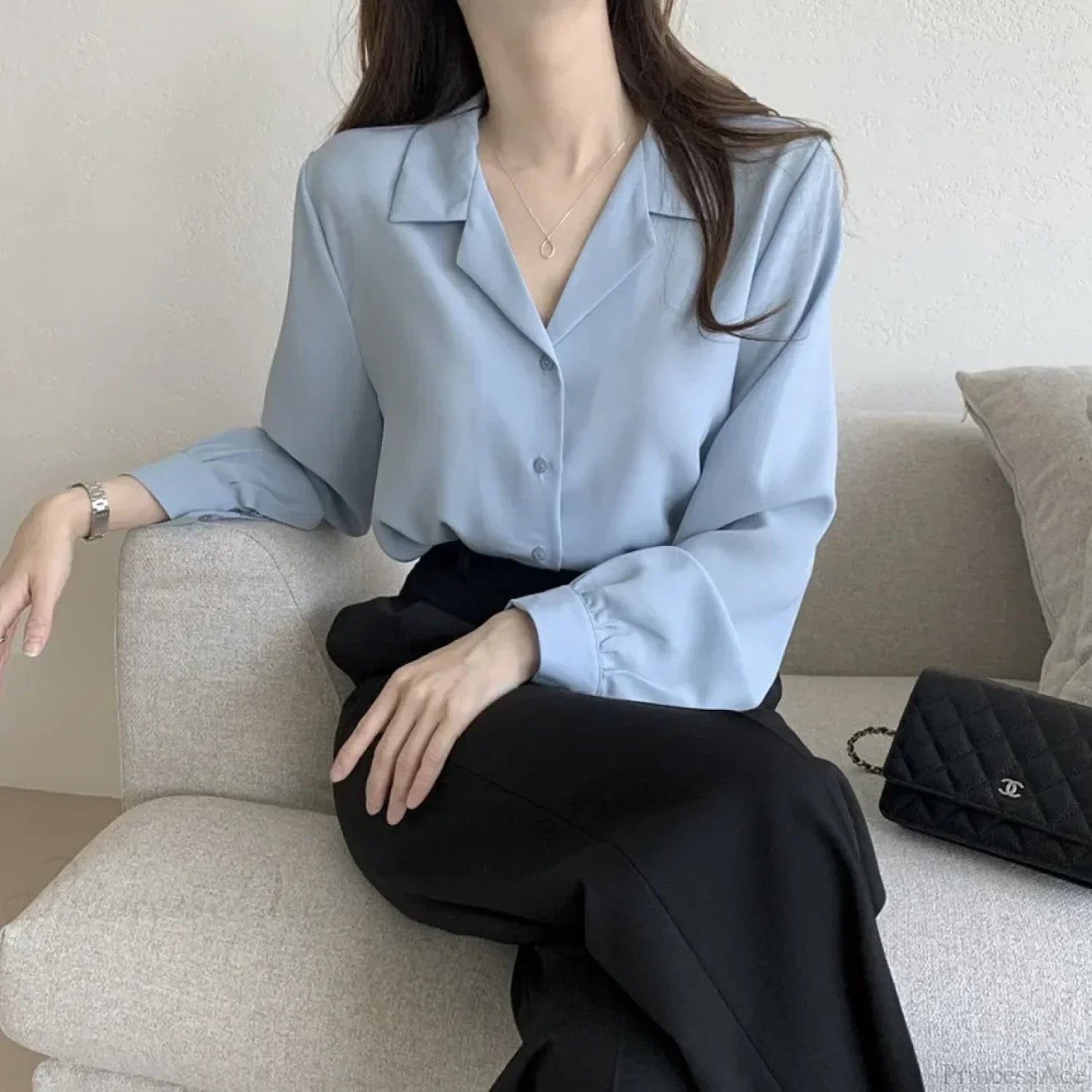 Thin Solid Color Long Sleeve Turn Down Collar Blouse Sky Blue / One Size blouse-250126