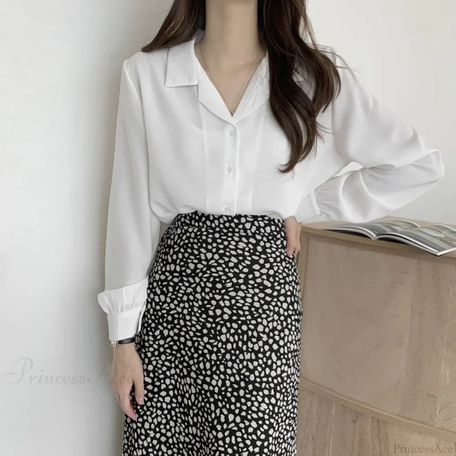 Thin Solid Color Long Sleeve Turn Down Collar Blouse WHITE / One Size blouse-250126