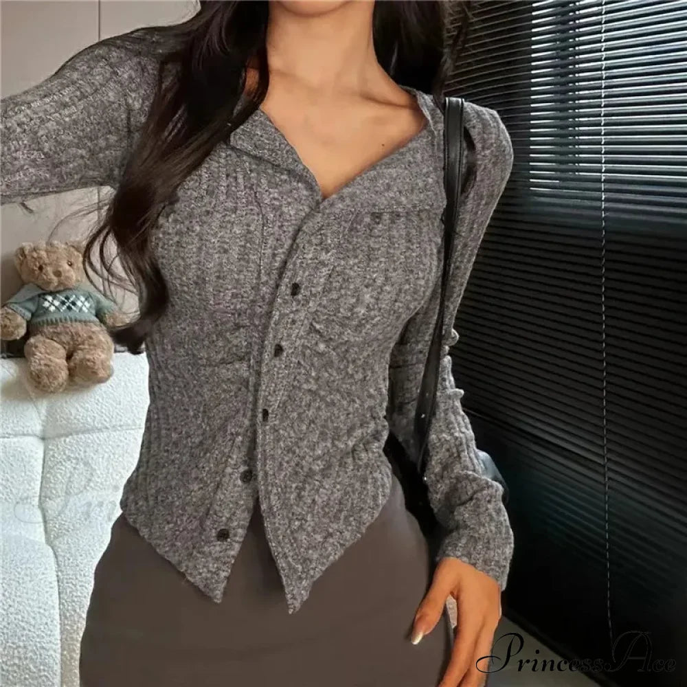 Thin Vintage Cozy Long Sleeve Elegant Single-Breasted Stylish Jumper Sweater Dark Gray / S