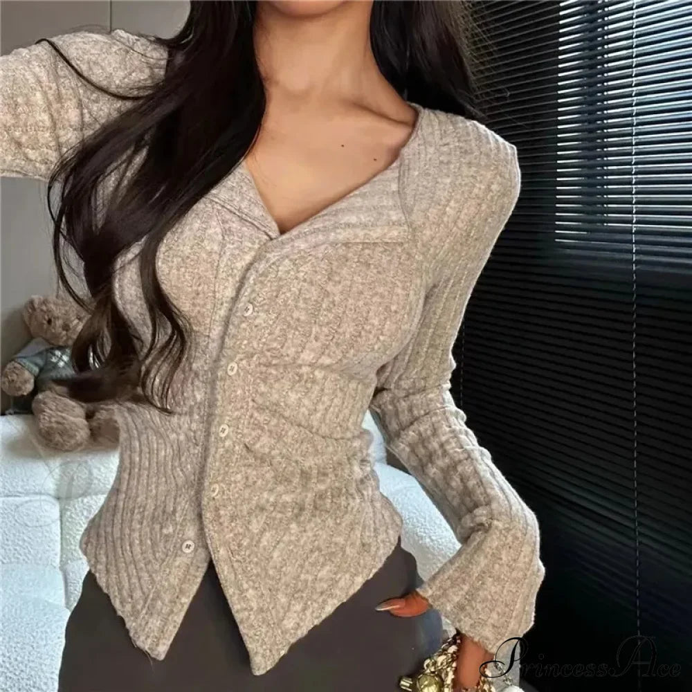 Thin Vintage Cozy Long Sleeve Elegant Single-Breasted Stylish Jumper Sweater Khaki / S Sweaters-L