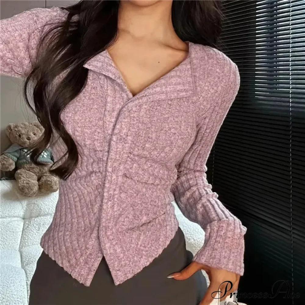 Thin Vintage Cozy Long Sleeve Elegant Single-Breasted Stylish Jumper Sweater Purple / S Sweaters-L