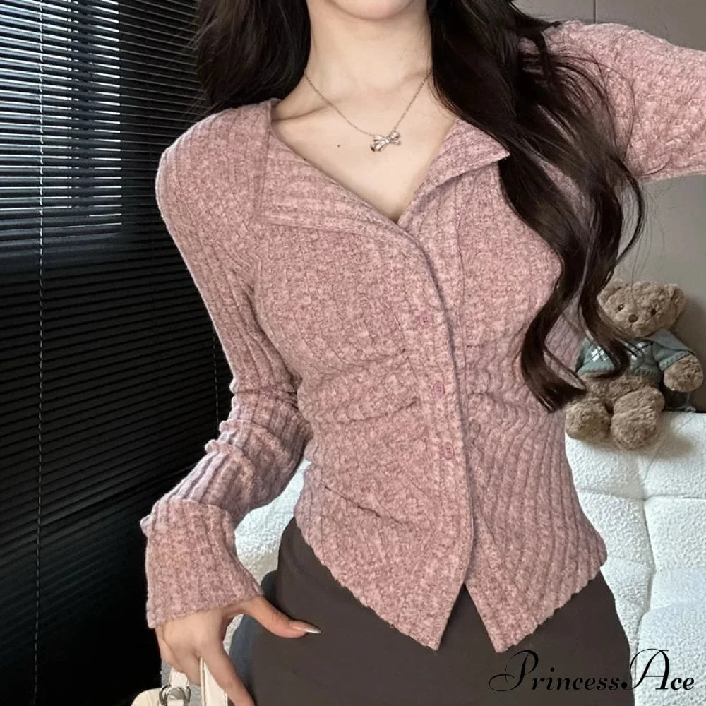 Thin Vintage Cozy Long Sleeve Elegant Single-Breasted Stylish Jumper Sweater Sweaters-L