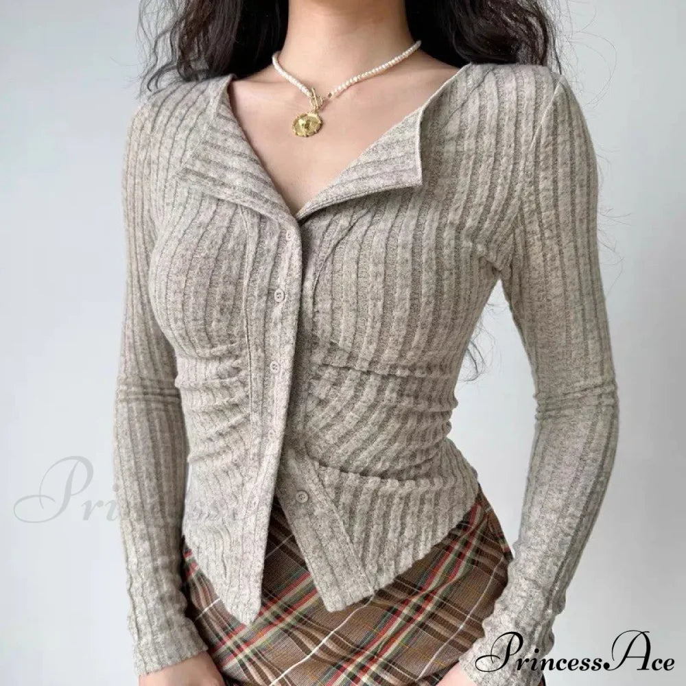 Thin Vintage Cozy Long Sleeve Elegant Single-Breasted Stylish Jumper Sweater Sweaters-L