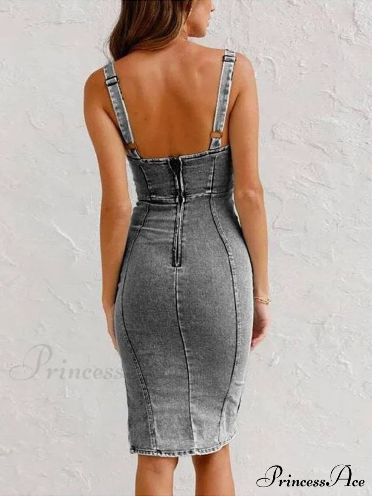 This Seasons Staple Denim Adjustable Trendy Straps Zip-Up Firm Stretch Midi Dress Dresses