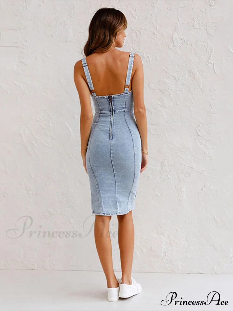 This Seasons Staple Denim Adjustable Trendy Straps Zip-Up Firm Stretch Midi Dress Dresses