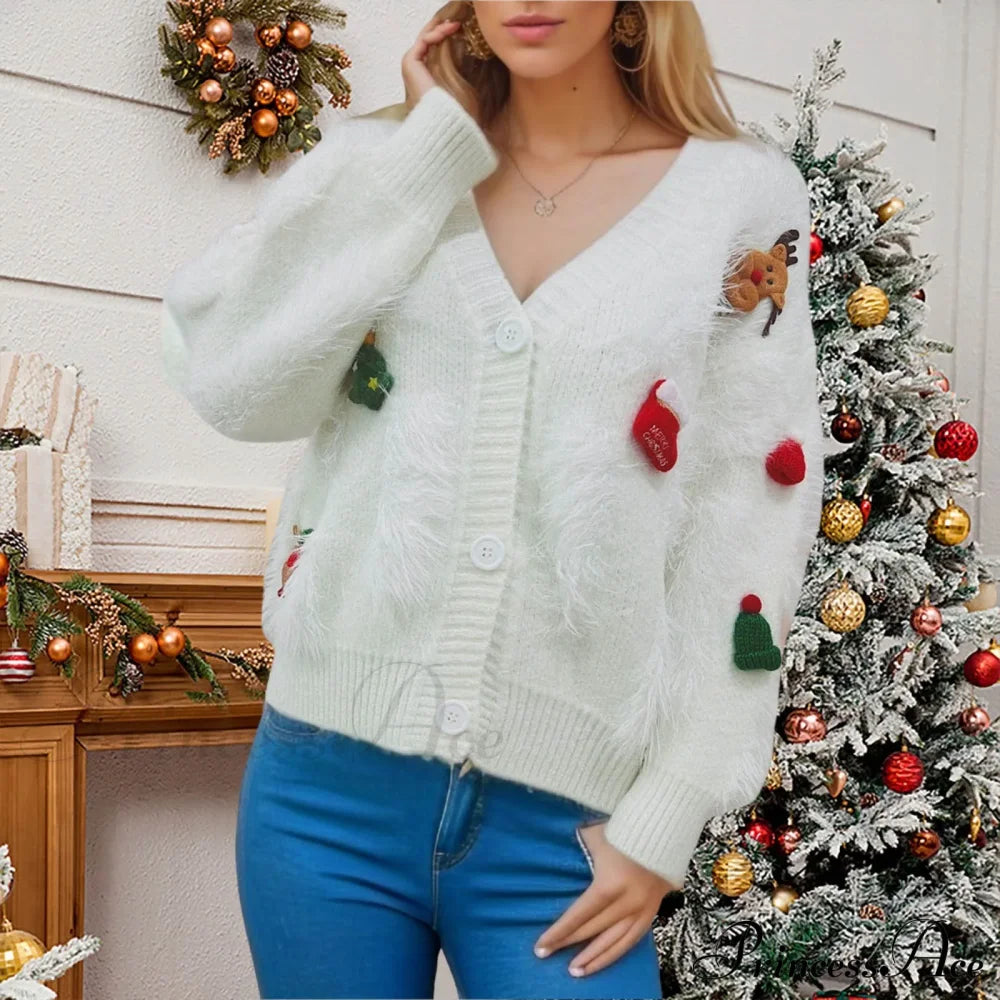 Three Decoration Lace Detail Cardigan White / S Cardigan-241208