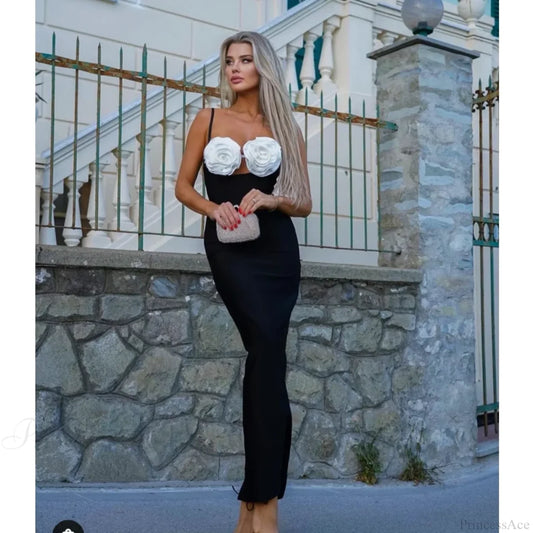 Three-Dimensional Flower Mid-Calf Party Dress White Flowers / S Partydress-241208