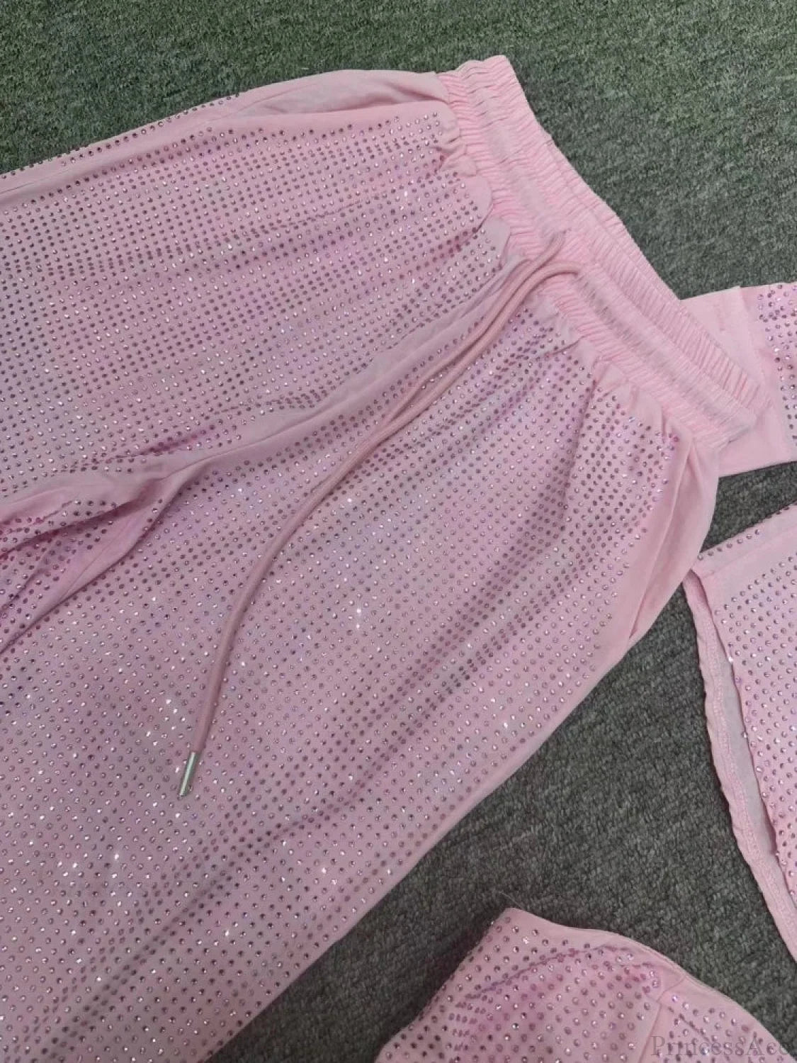 Three Piece Pants Set Sexy Sparkle Diamonds Long Sleeve Pink Christmas Party Dress Dresses-L