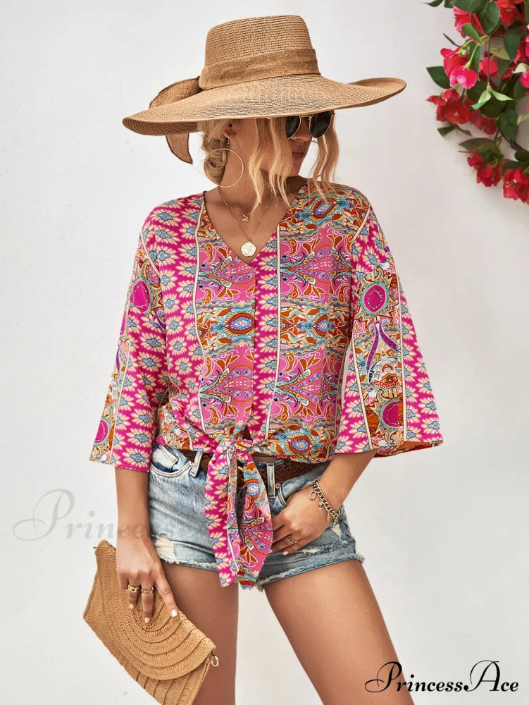 Tie Hem V-Neck Three-Quarter Sleeve Blouse Hot Pink blouse clothes Ship From Overseas shirt shirts top tops trend YO