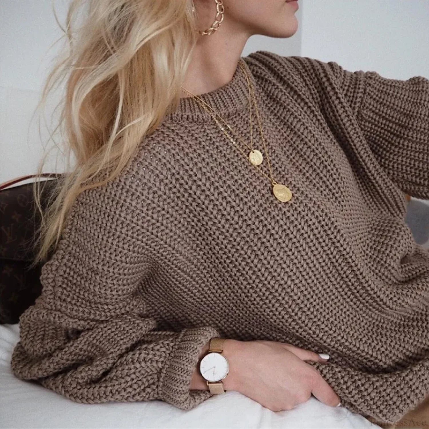 Three - Quarter Sleeve Elegant Khaki Sweater Brown / S