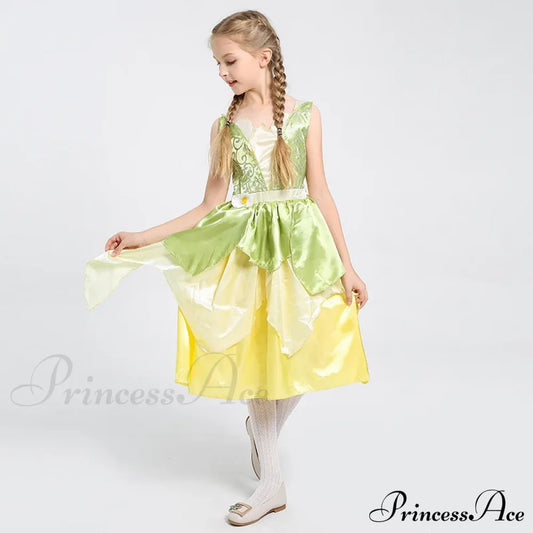 Tiana Dress Up Princess Cosplay Role Playing Party Sleeveless Carnival Halloween Kid Costume