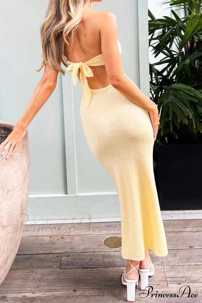 Tie-Back Strapless Dress With Low Cut Yellow / S Midi Dresses