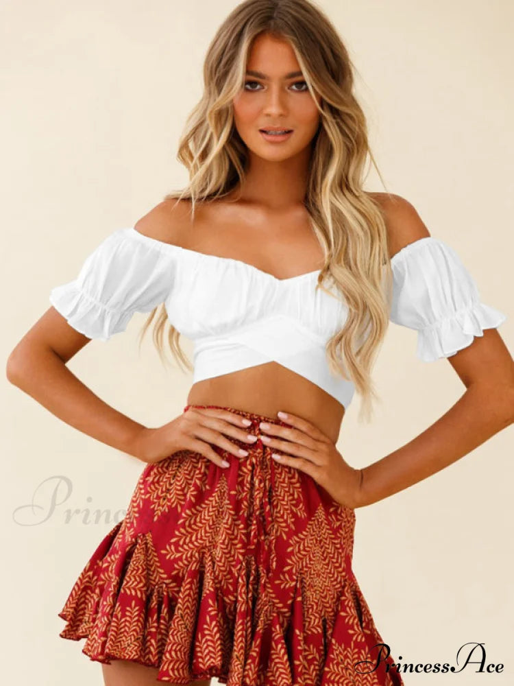 Oktoberfest women's sexy one-neck tie-back short-sleeved crop top ruffle top White clothes crop top croptop shirt top tops