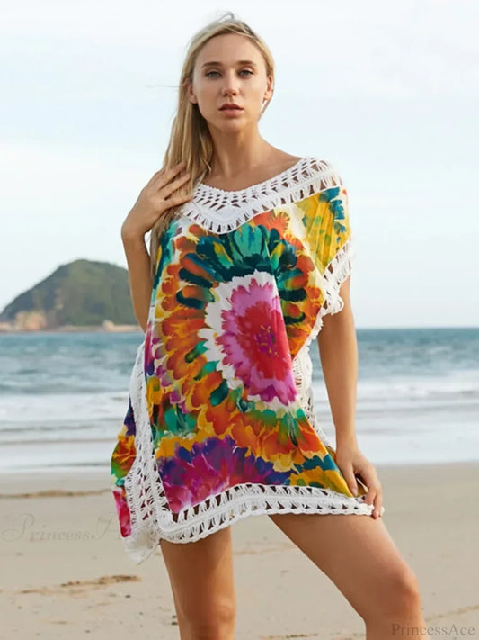 Tie Dye Hollow Beach Cover Up color1 / One Size