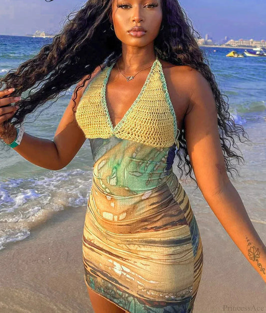 Tie-Dye Lace-Up Halter Mini Dress minidress-250223