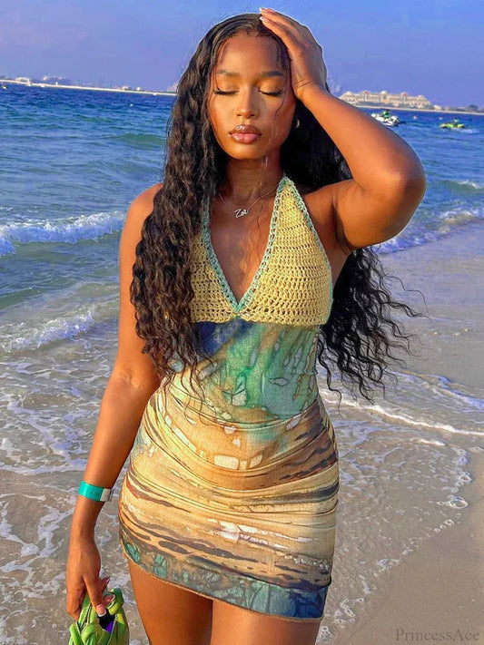 Tie-Dye Lace-Up Halter Mini Dress Multi color / S minidress-250223