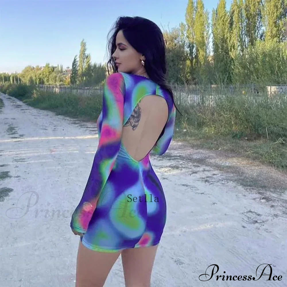 Tie Dye O Neck Sleeve Backless Mini Dress