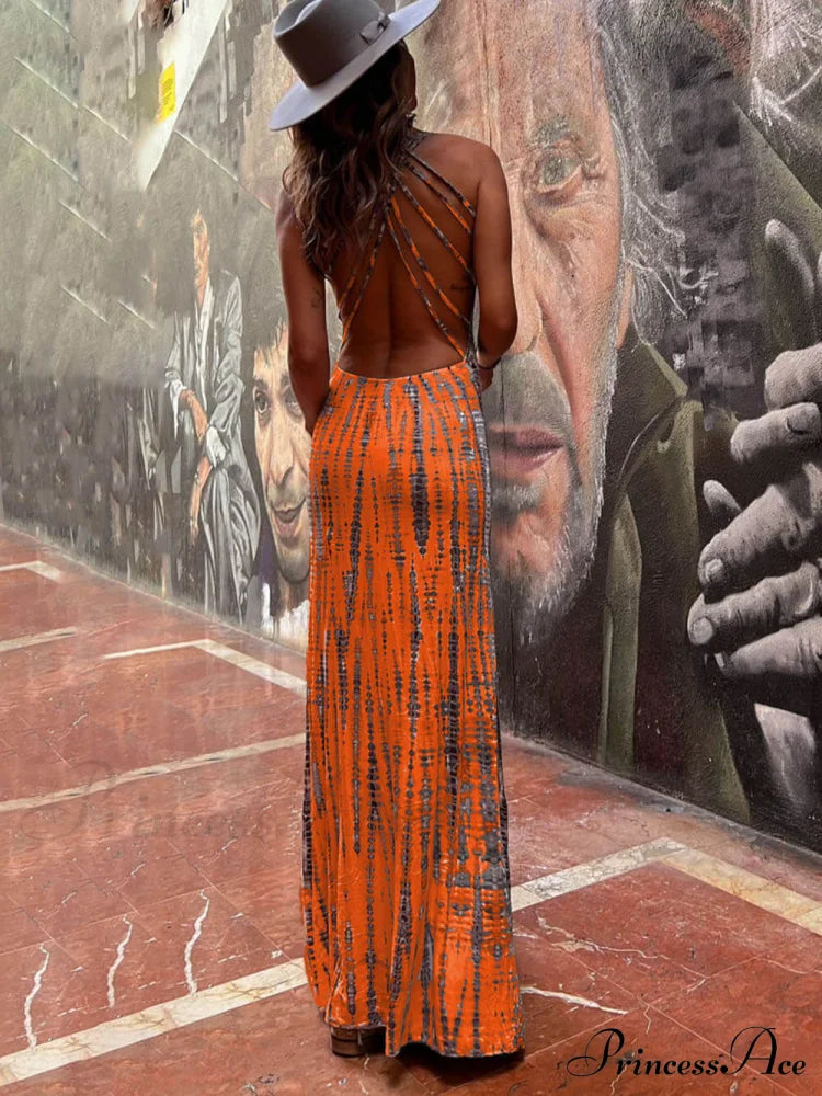 Tie-Dye Print Back Charming Lace-Up Stretch Maxi Dress Dresses