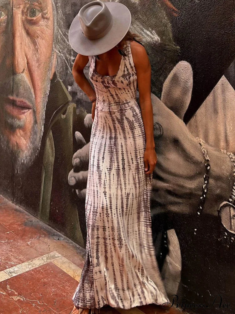 Tie-Dye Print Back Charming Lace-Up Stretch Maxi Dress Gray / S Dresses