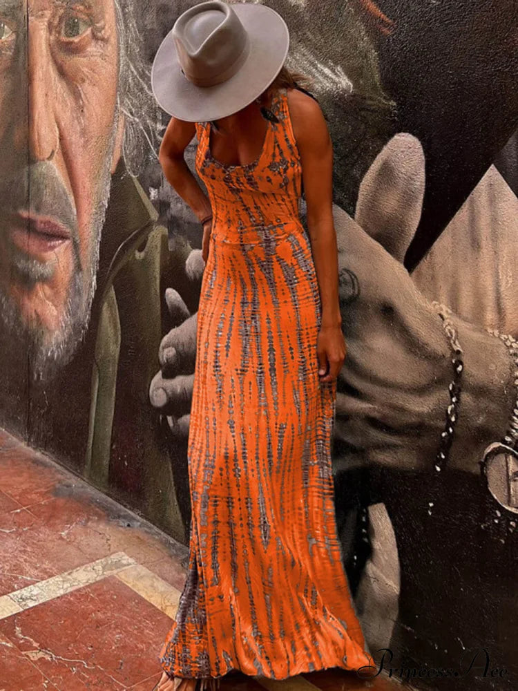 Tie-Dye Print Back Charming Lace-Up Stretch Maxi Dress Orange / S Dresses