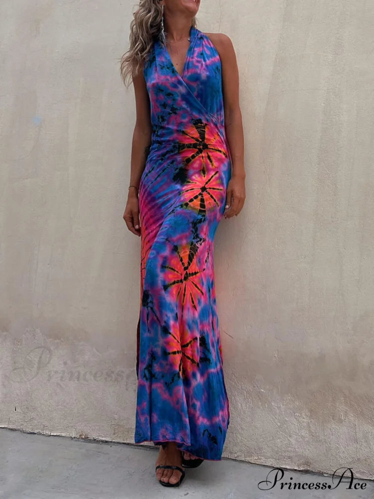 Tie-Dye Print Halter Charming Backless Stretch Maxi Dress Navy Blue / S Dresses