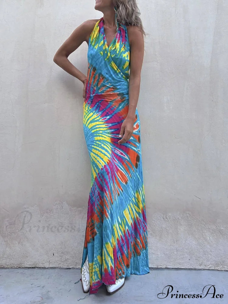 Tie-Dye Print Halter Charming Backless Stretch Maxi Dress Wathet Blue / S Dresses