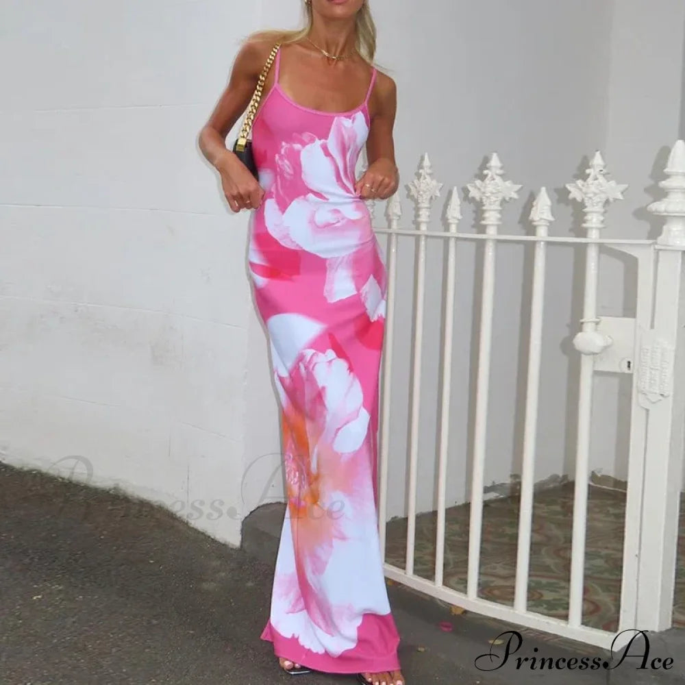 Tie-Dye Print Suspender Backless Sling Long Slimbodayxon Beach Holiday Floral Dress