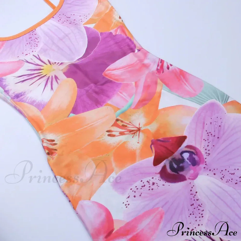 Tie-Dye Print Suspender Backless Sling Long Slimbodayxon Beach Holiday Floral Dress