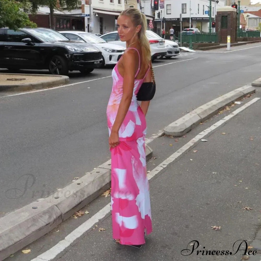 Tie-Dye Print Suspender Backless Sling Long Slimbodayxon Beach Holiday Floral Dress