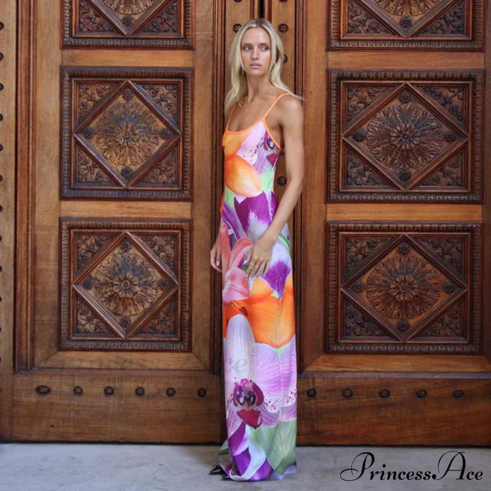 Tie-Dye Print Suspender Backless Sling Long Slimbodayxon Beach Holiday Floral Dress