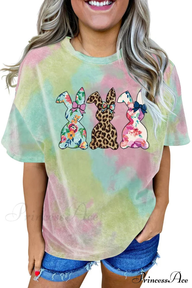 Tie-Dye Rabbit Graphic With T-Shirt Design Blue Pink / S Tees