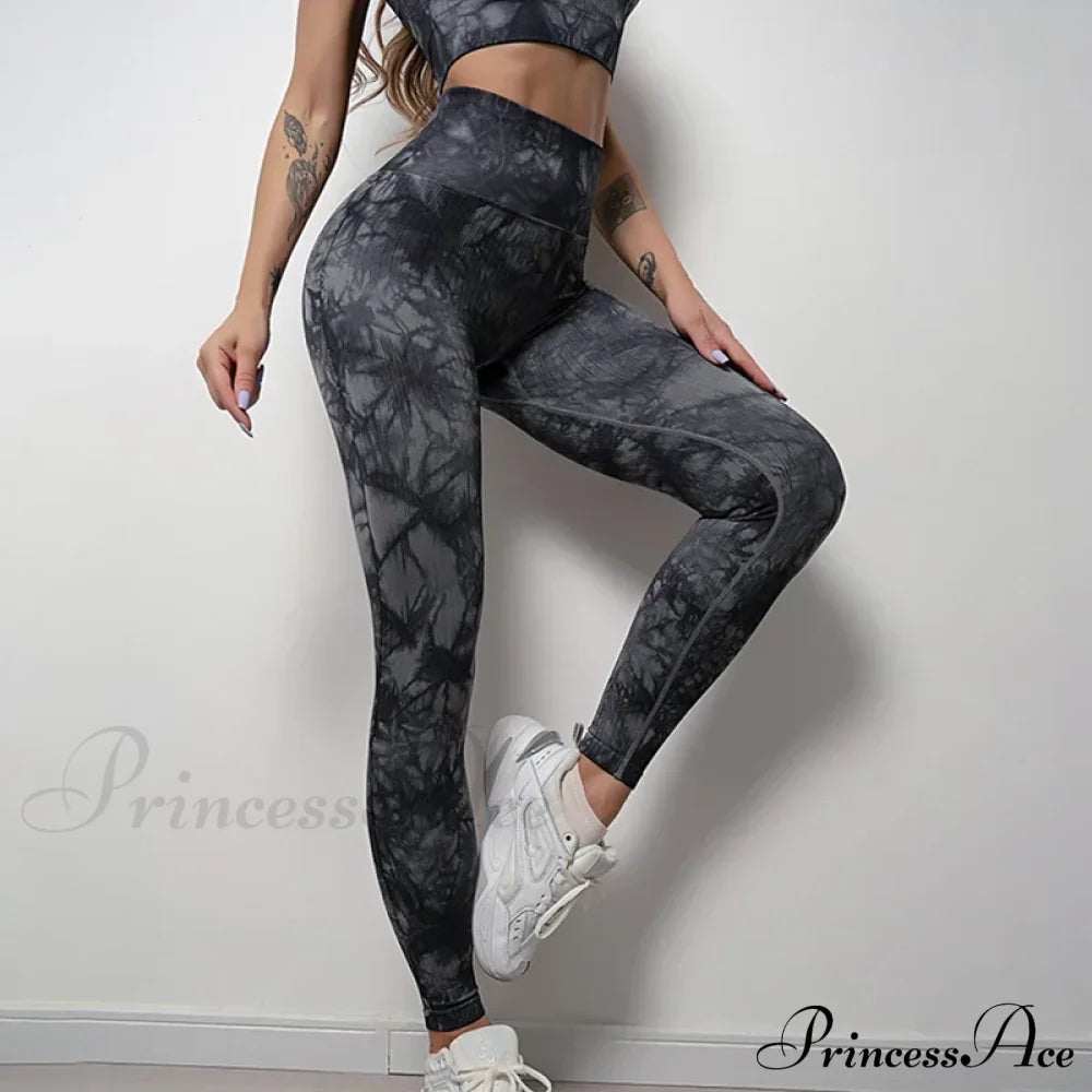 Tie Dye Waist Seamless Printed Elastic Workout Legging Black / S