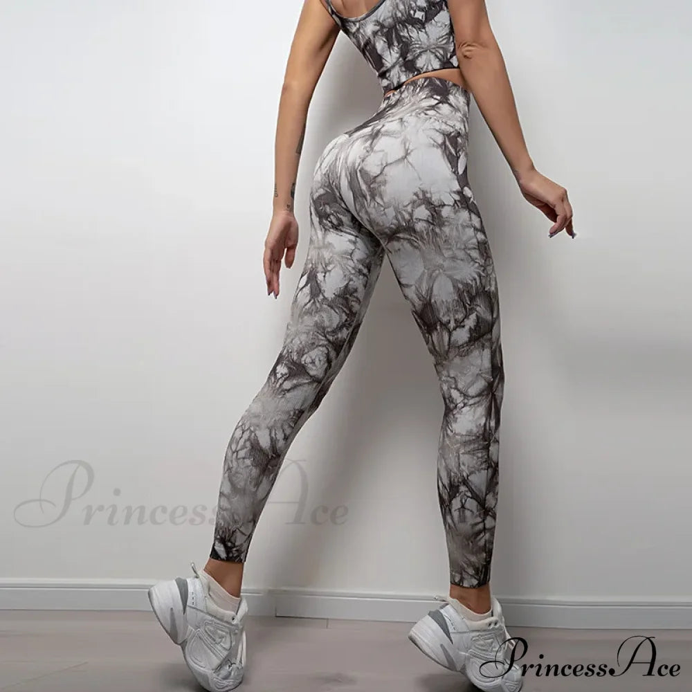 Tie Dye Waist Seamless Printed Elastic Workout Legging Gray / S