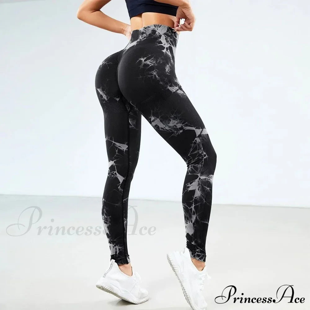 Tie Dye Waist Tummy Control Seamless Push Up Yoga Legging Black / S