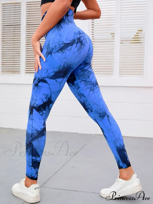 Tie Dye Waist Tummy Control Seamless Push Up Yoga Legging Blue / S