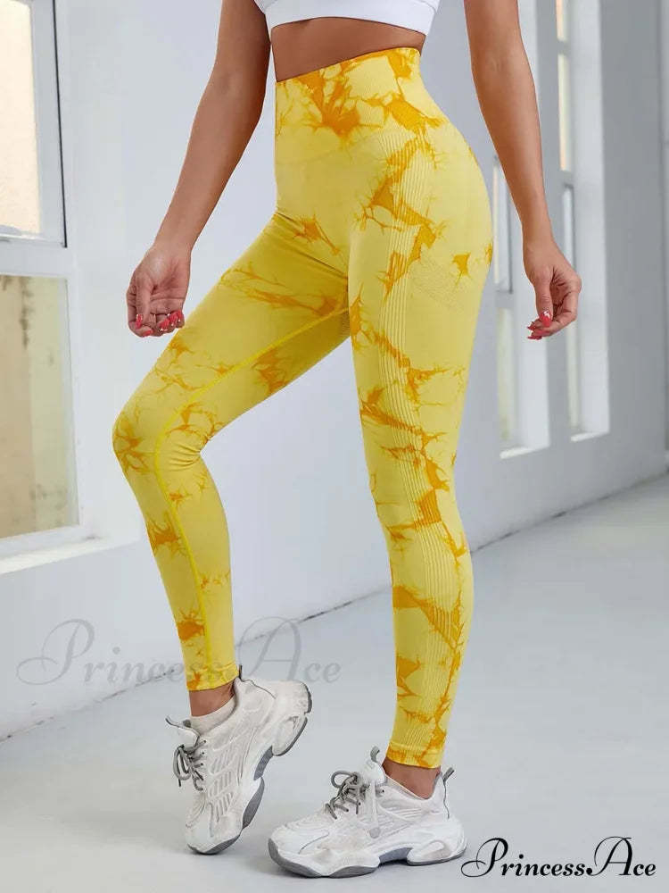 Tie Dye Waist Tummy Control Seamless Push Up Yoga Legging Bright Yellow / S