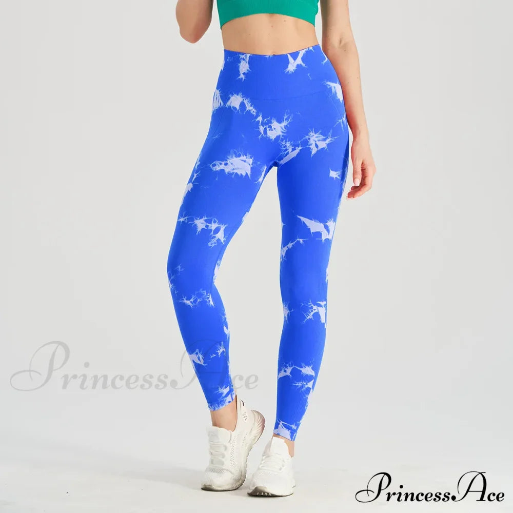 Tie Dye Waist Tummy Control Seamless Push Up Yoga Legging Royal Blue / S