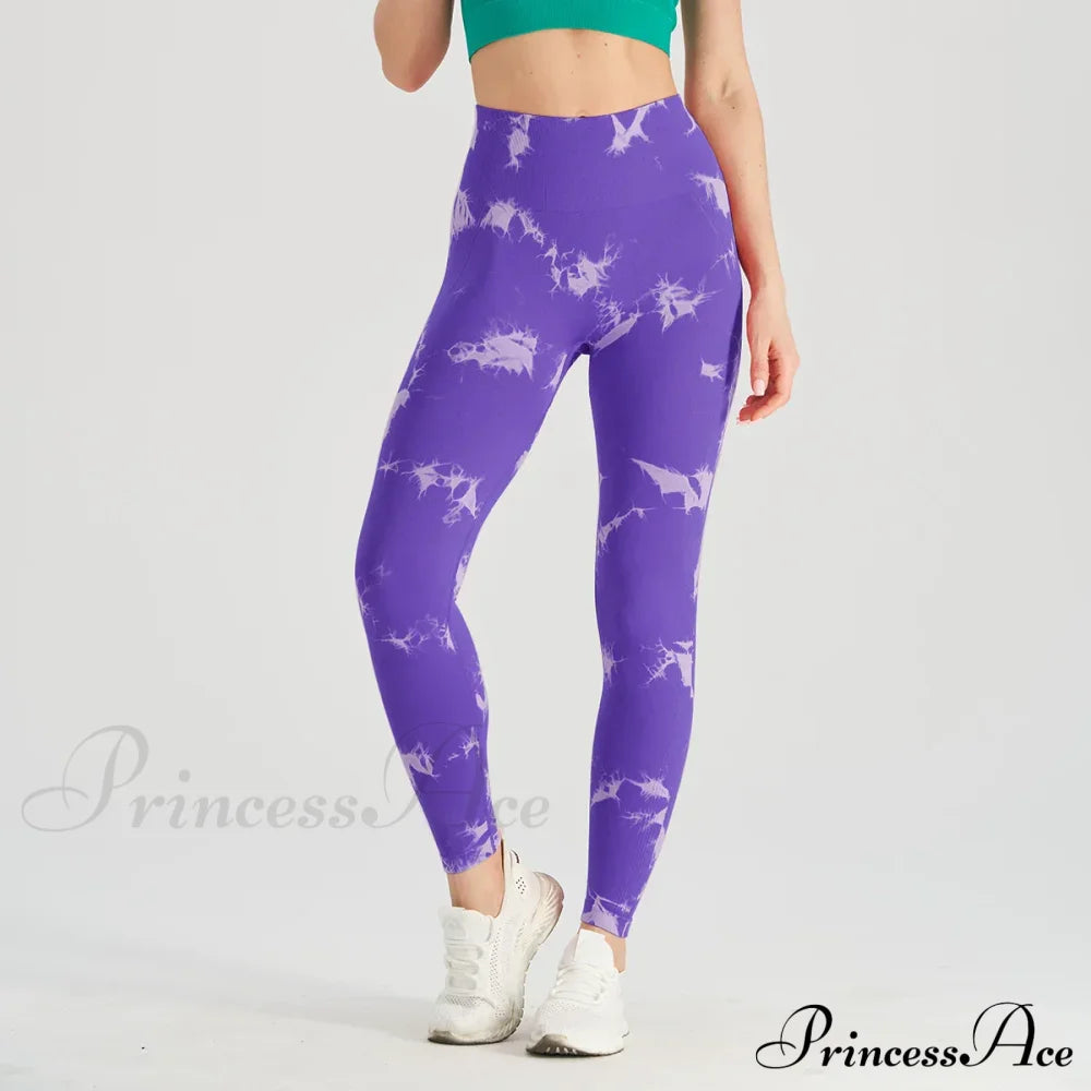 Tie Dye Waist Tummy Control Seamless Push Up Yoga Legging White Purple / S